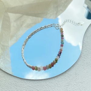 S925 sterling silver beaded bracelet with colorful tourmaline gemstones and heart charm