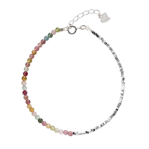 Elegant S925 sterling silver beaded bracelet with colorful tourmaline stones and heart charm