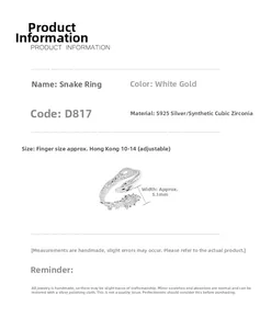 Detail showing S925 sterling silver snake ring dimensions and adjustable open band design