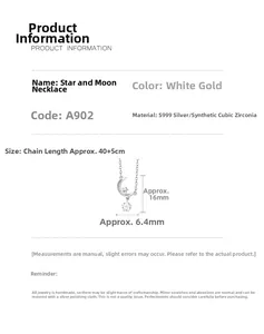 Produktdatenblatt mit S999 Silber Stern Mond Kette Größen und Materialinformationen
