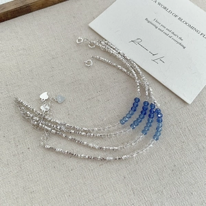 S925 Sterling Silver Bracelet For Women Blue Artificial Crystal Beaded Bangle Irregular Nuggets Heart Pendant Jewelry