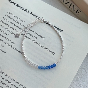S925 sterling silver beaded bracelet with irregular blue crystals and polished silver beads