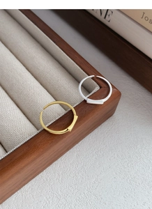 Detail of minimalist rectangular S925 silver rings in gold and silver on a jewelry box