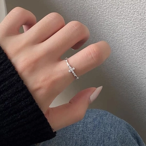 S925 Sterling Silver Cross Ring For Women Minimalist Adjustable Open Ring With Zirconia Inlaid Fashion Jewelry Accessory