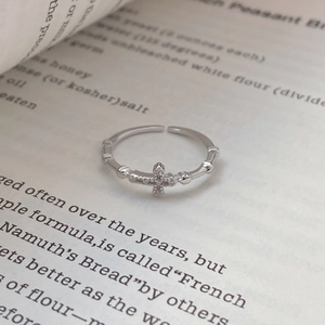 Minimalist S925 sterling silver cross ring with zircons and bamboo texture band