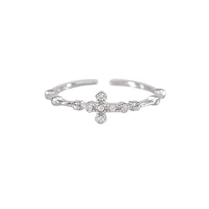 Minimalist S925 sterling silver open cross ring with shimmering white zircon stones
