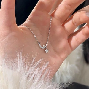 S999 Feinsilber Stern Mond Anhänger Halskette Für Damen Elegant Eingelegt Strass Schlüsselbein Kette Mode Schmuck Geschenk