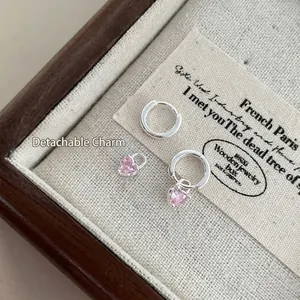 Élégantes boucles d'oreilles cœur en argent S999 avec pendentifs zircon rose