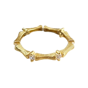 Elegant gold S925 sterling silver bamboo joint open ring with sparkling cubic zirconia