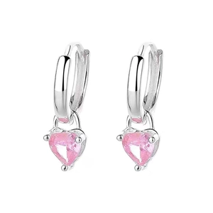 Boucles d'oreilles créoles minimalistes en argent S999 avec cœurs en zircon rose