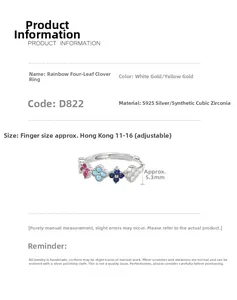 Detailed spec sheet showing S925 silver rainbow clover ring with colorful zirconia