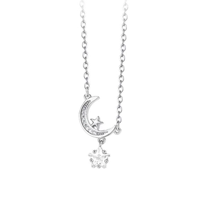 Elegante S999 Sterlingsilber Kette mit Stern- und Mondanhänger und funkelnden Zirkonia