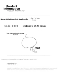 Dimensions détaillées pour le bracelet en argent S925 avec breloques cheval et bourse