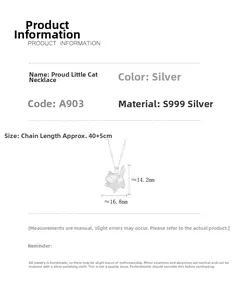 Macro detail of S999 sterling silver cat pendant with 14.2x16.8mm size specifications