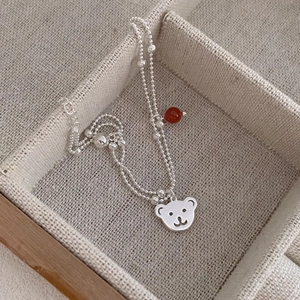 S925 Sterling Silver Cute Bear Double Layer Bracelet For Women Red Agate Beaded Minimalist Korean Style Fashion Jewelry Gift