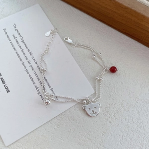 Double-layered S925 silver bracelet with bear pendant and red agate bead for women