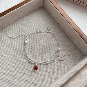 S925 sterling silver double-layer bracelet with bear charm, red agate and tiny bell