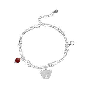S925 sterling silver double-layer bracelet with red agate bead and bear charm