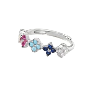 S925 sterling silver open ring featuring four-color zircon flower petals for women