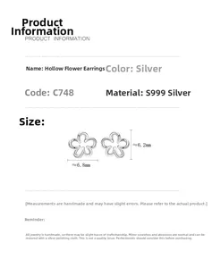 Dimensions détaillées des puces fleurs en argent S999 mesurant 6,8mm par 6,2mm