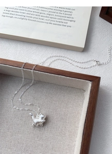 Detail of a matte silver cat pendant necklace on a rustic wooden and book display