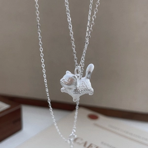 S999 Fine Silver Cute Cat Pendant Necklace For Women Polished Minimalist Animal Shape Choker Fashion Commuting Jewelry Gift