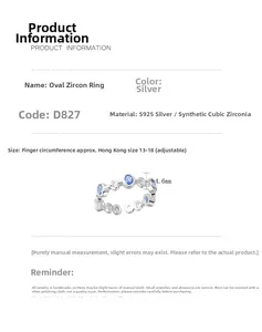 Detailed view of the S925 silver oval ring with blue zircon and size specifications