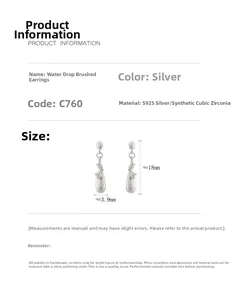 Detail view of brushed S925 sterling silver teardrop earrings with size measurements