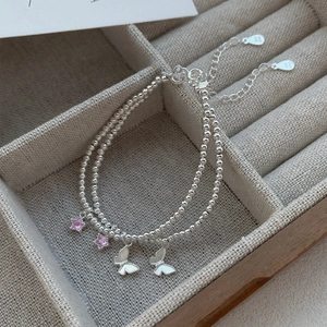 Bracelet Pendentif Papillon Étoile en Argent S999 pour Femmes Style Coréen Doux Zircone Cubique Rose Bijoux Réglables