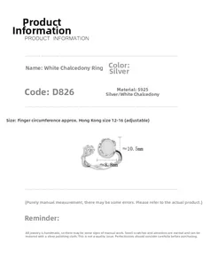 Detailed S925 silver ring specifications showing white chalcedony size and adjustable band
