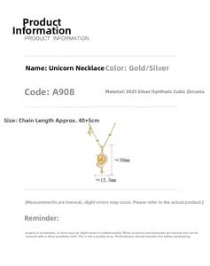 Détails du collier licorne en argent S925 avec dimensions et spécifications zircon