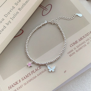 Bracelet perlé en argent S999 avec pendentifs étoile rose et papillon blanc
