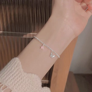 Bracelet à billes en argent S999 avec pendentifs étoile rose et papillon pour femme