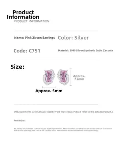 Detail view of pink zircon stud earrings in S999 sterling silver with dimensions