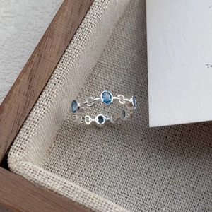 S925 sterling silver oval blue zircon open ring with minimalist hollowed design