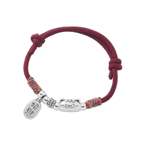 Bracelet chat porte-bonheur en argent S999 avec corde rouge tressée à la main