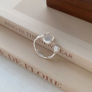 S925 sterling silver open ring with white chalcedony flower bud and vine texture