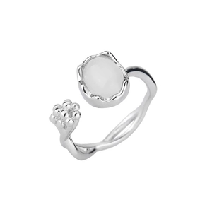 S925 silver open ring featuring irregular texture with white chalcedony bud design