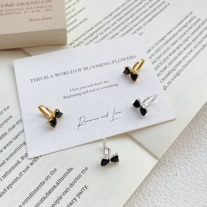 Elegant S925 silver bow hoop earrings with black heart zircon stones in gold and silver