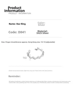 Detailed size specifications of the S925 sterling silver star-shaped open ring