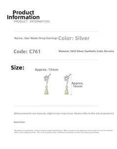 Detail view of S925 silver star earrings with green zircon teardrop pendants