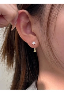 Star-shaped S925 silver earring with a yellow teardrop gemstone worn by a model