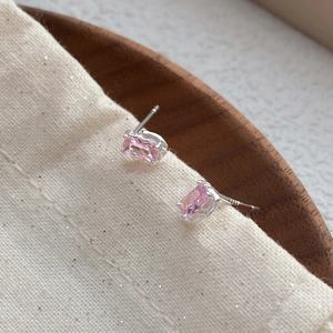 Pink rectangular zircon stud earrings in S925 sterling silver with a four-prong setting
