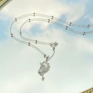 Collier licorne en argent S925 avec zircons blancs et chaînes à billes multicouches