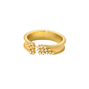 S925 silver vintage open ring with golden milgrain edges and sparkling zircon clusters