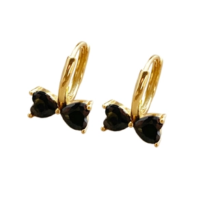 S925 sterling silver bow earrings with black heart-shaped zircons and gold plating