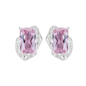 Pink rectangular zircon stud earrings in S999 silver with irregular textured base