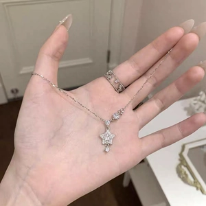 Elegant S999 silver star pendant necklace and hollow ring set with sparkling zircon stones