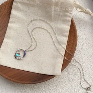 Collier en Argent Pur S999 Pierre de Lune Queue de Poisson pour Femme Pendentif en Émail et Strass Bijoux de Mode Cadeau