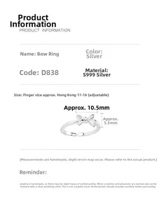 Detailed size specifications for S999 sterling silver bow ring with adjustable opening
